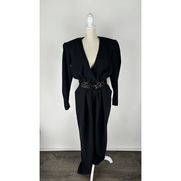 Les Archives Liberte Jumpsuit V Neckline Padded Shoulders Womens Small Black New - Picture 1 of 15